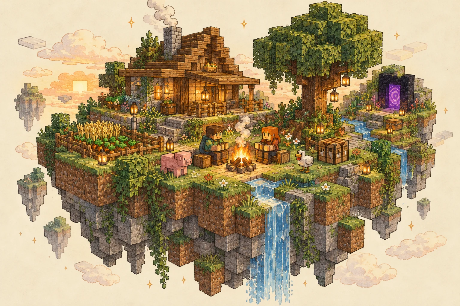 Une île Minecraft dessinée à la main, avec une maison, un jardin, une cascade et deux coupaings autour d’un feu.